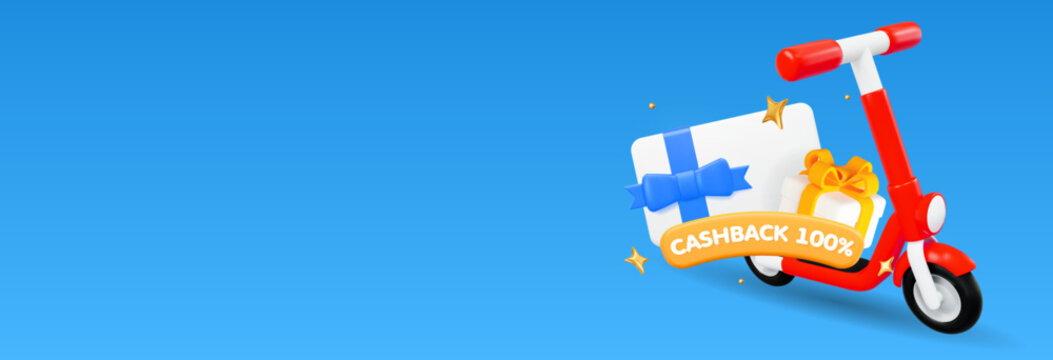 3d white gift box with coupon card and red scooter, cashback concept. Horizontal banner for promotion. Stock vector illustration on blue isolated background.	