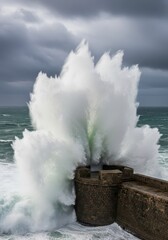 Obraz premium Massive Ocean Wave Crashing Against Stone Sea Wall During Stormy Weather with Dramatic Splash and Dark Clouds