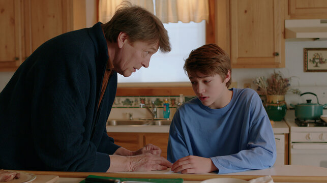 Tense controlling family interaction at a kitchen counter in an apartment, one adult hovering closely while the other looks cornered in realistic documentary domestic style