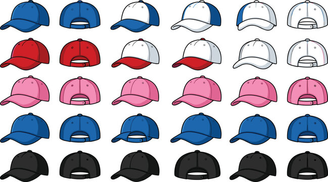 Baseball Cap Vector Template Set Featuring Blank Snapback Hats in Multiple Colors and Angles for Mockup and Design Displays