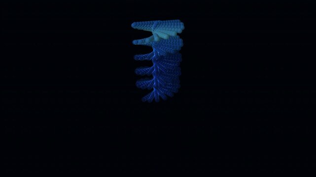 Double helix quantum dust vortex collapse abstract seamless loop on dark background. Tuning scanning wave lighting. Centered composition. Generative code art.