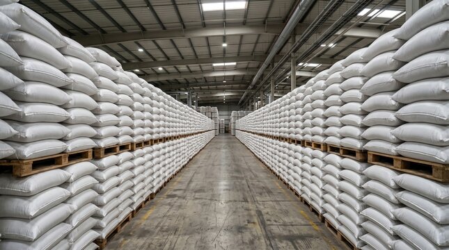 Rows of white grain sacks stacked neatly on wooden pallets inside a large industrial warehouse