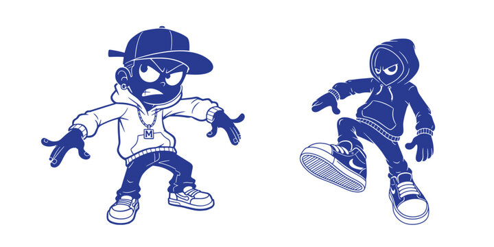 Two cartoon characters in hip hop clothing on white background
