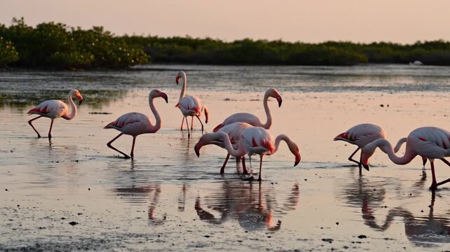 A flock of graceful pink flamingos wading in shallow, reedy water at sunset, their reflections shimmering on the damp ground, creating a tranquil natural scene during twilight