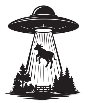 Alien UFO Silhouette Vector, Flying Saucer Abducting