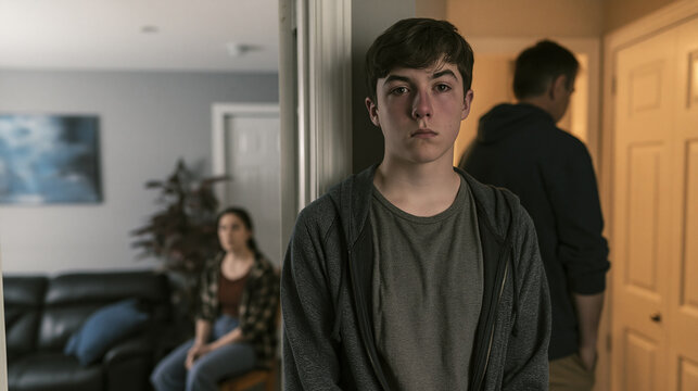 Shameful teenage boy in a home doorway after disappointing his parents, with mother seated in the hallway and father turned away realistic scene