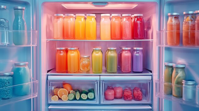 Refrigerator interior with colorful beverages and snacks, modern lifestyle kitchen concept with organized food storage
