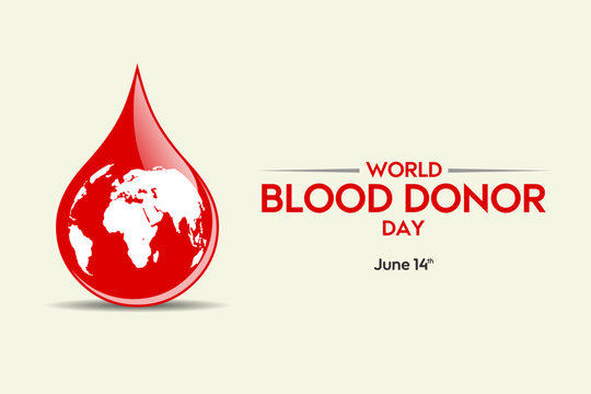 World Blood Donor Day vector banner featuring a glossy red blood drop with a stylized white earth map inside on a clean off white background.