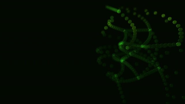 Hypercube lidar point cloud in torsional twist abstract seamless loop on dark background. Sweeping scanner wave lighting. Right-offset composition. Generative code art.