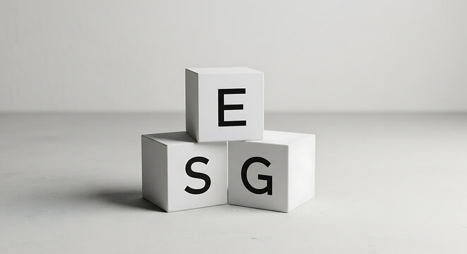 Three white blocks stacked with ESG letters on a plain surface