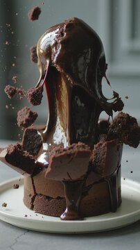 Chocolate dessert cake breaking with pieces separating, rich chocolate sauce flowing down. Gourmet sweet confection.