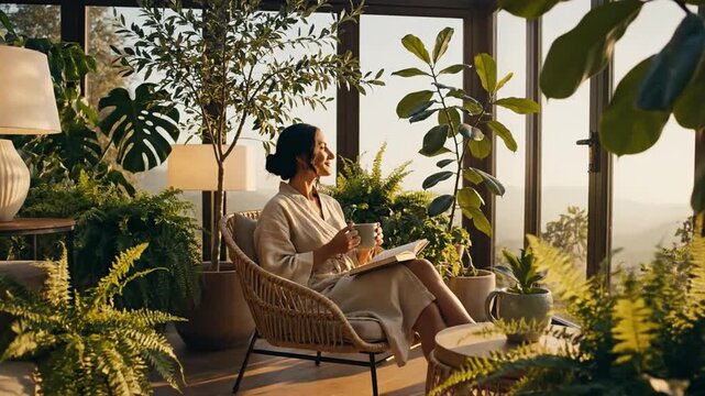 Woman reading in sunlit solarium surrounded by lush green plants