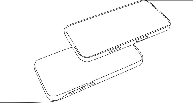 Two smartphones stacked mockup continuous one line drawing. Minimalist vector illustration of mobile phones for technology concept.