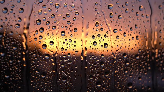 Vibrant golden light illuminating rainwater on window pane