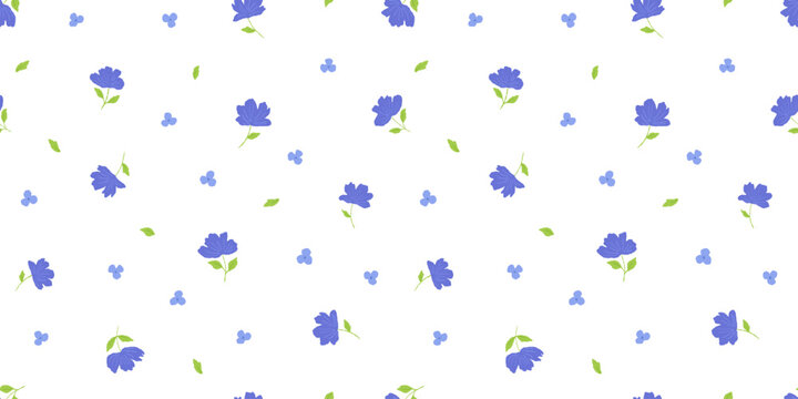 Seamless small floral pattern with tiny blue flowers and leaves on white background. Vector ditsy print for wallpaper and fabric design, minimal blossom motif for baby textiles