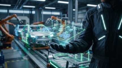 Obraz premium Worker Holding Smart Grid Hologram in Automated Car Factory