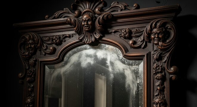 Antique Ornate Carved Wood Mirror Frame with Gothic Mascaron Faces and Aged Glass Texture