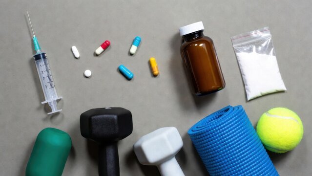 Fitness equipment and drug paraphernalia arranged on tabletop