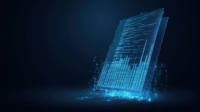 Digital abstract representation of code on screen, glowing with blue light and emanating particles, symbolizing data and technology. ..Created with Generative AI, not depicting real subjects.