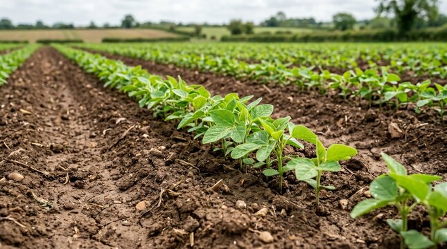 Rows of young green soybean plants growing in a spacious agricultural field under a cloudy sky