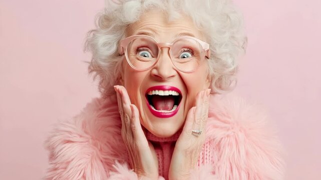 A grandmother reacts with joy and surprise in four frames. She shows various expressions that display her happiness. The backdrop is bright pink, adding to the fun mood