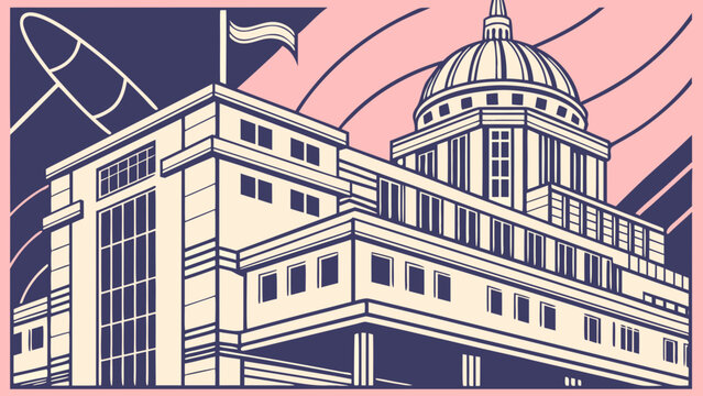 Neo-deco retrofuturism cityscape with geometric architecture, vintage aesthetics and futuristic urban design trend