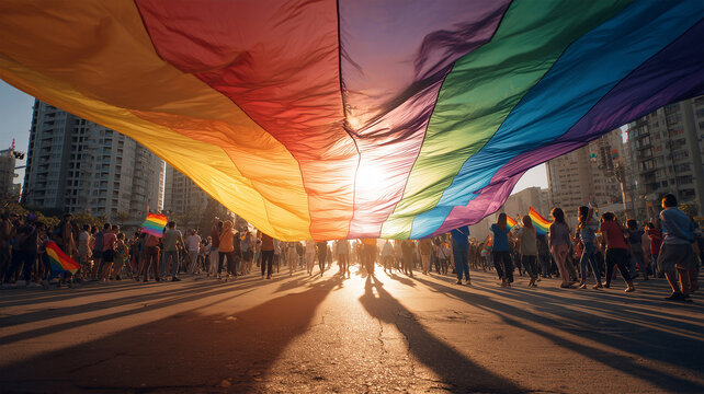 Giant rainbow flag in a street of a city, people at LGBTQ+  pride parade