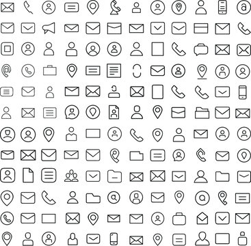 A clean, organized grid of universal communication and contact icons, rendered in a minimalist line art style, offering a comprehensive visual toolkit for digital interfaces.