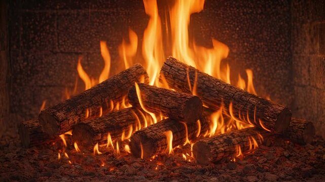 Warm fireplace with glowing logs and vivid flames illuminating a cozy interior. Embers shimmer beneath the wood, creating a tranquil, comforting atmosphere perfect for winter relaxation.