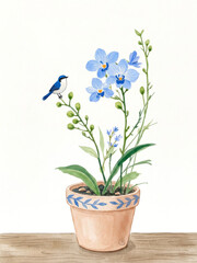 Fototapeta premium Blue Orchid Flowerpot Watercolor Illustration with Bird | Elegant Botanical Art