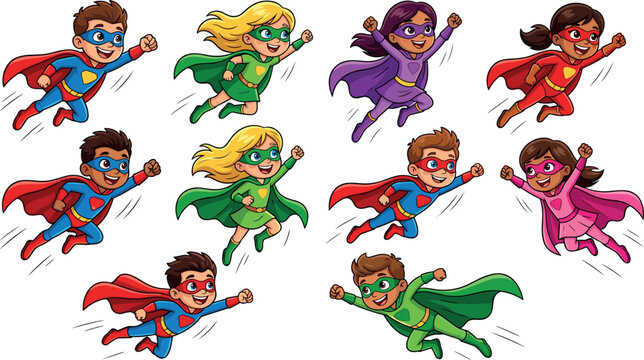 Cute Kids Superhero Character Collection with Flying Boys and Girls in Colorful Costumes for Cartoon Vector Illustration Design