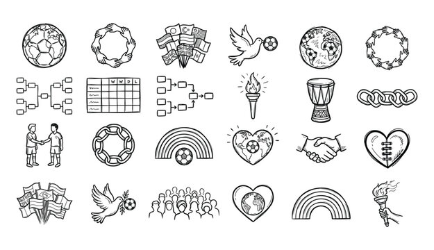 Football Soccer Global Unity World Cup Solidarity Tiny Thumbnail Sketch Icon Set Vector Illustration for International Sports and Peace Design