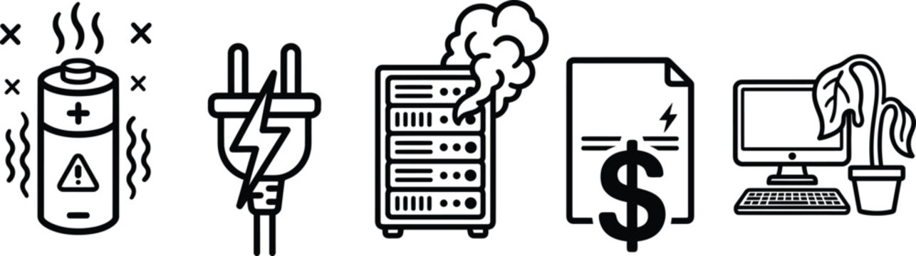 Set of technology and energy problem icons in black outline