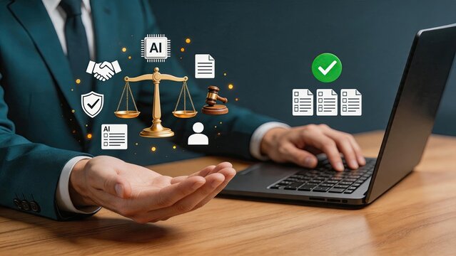 Artificial intelligence legal services concept, lawyer using laptop with holographic justice scales, gavel, and AI chip icons, representing automated law technology and digital