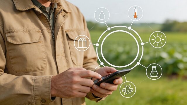 Smart farming agriculture concept, farmer using smartphone to monitor crop data, weather conditions, soil moisture, and pest control via connected IoT sensor network icons in