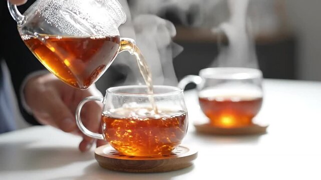 Close-up of a person's hand pouring steaming hot black tea from an elegant glass teapot into a clear cup, highlighting the warmth and soothing ritual of a fresh brew