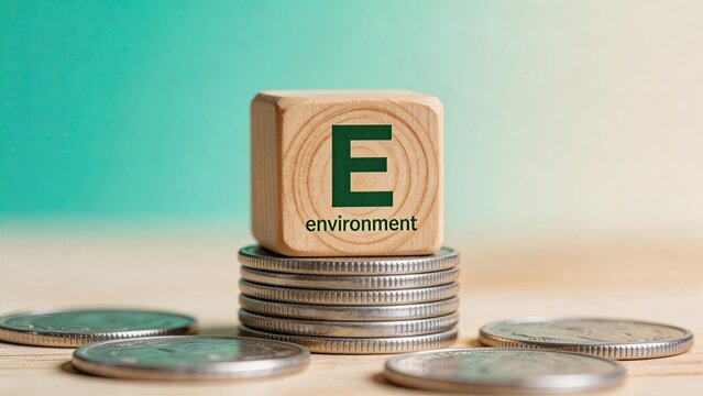 Wooden block with letter E for Environment on stack of coins, green economy concept, sustainable finance, ecological investment, eco-friendly money saving, carbon footprint