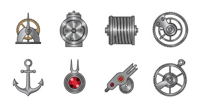 Mechanical Watch Movement Parts and Components Set - Vector Illustration of Clockwork Gears, Jewels, and Escapement