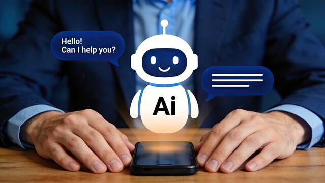 Artificial intelligence robot chatbot emerging from smartphone screen, automated customer support assistant, virtual help desk and smart technology communication concept.