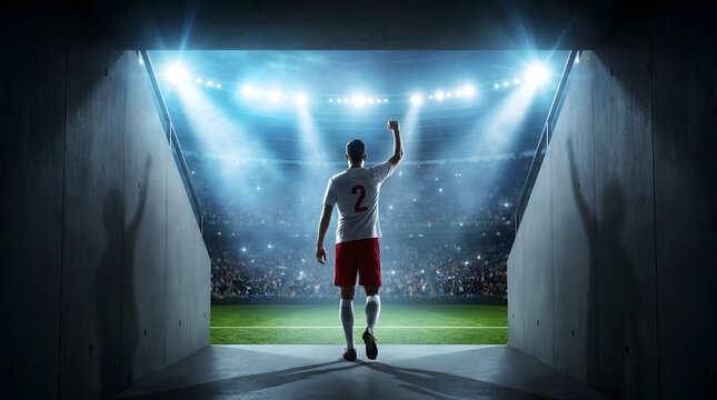 Soccer player entering stadium tunnel dramatic lighting victory celebration