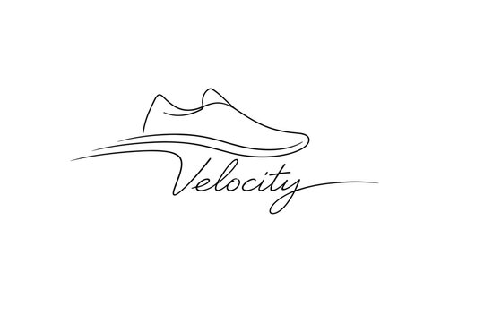 Minimalist continuous line drawing of a running shoe above a sweeping motion curve with cursive velocity text, clean modern monochrome logo design