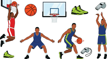 Basketball Player and Sports Equipment Collection Vector Illustration Featuring Dunk Shot Dribble Hoop Sneakers and Referee Whistle © sumi