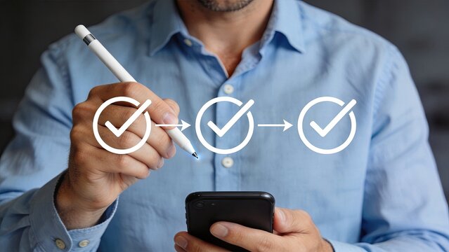 Person drawing checklist flow chart with pen on smartphone screen, workflow and task management concept