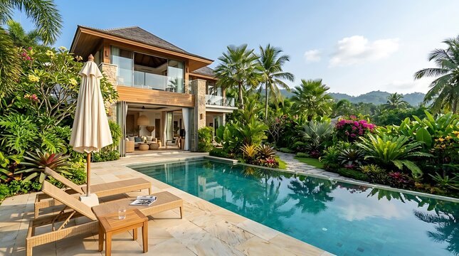 Modern beach house with pool and tropical landscaping