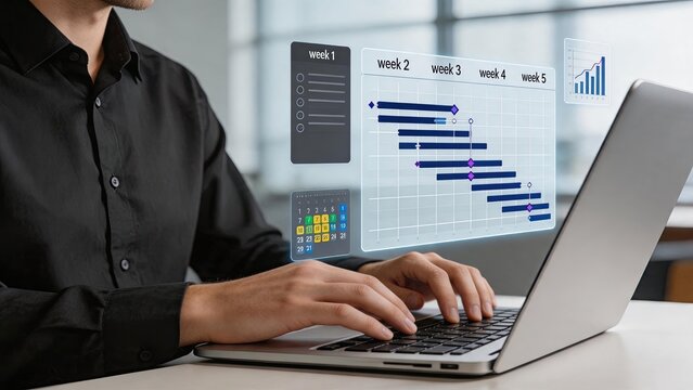 Man typing on laptop with holographic gantt chart project timeline calendar schedule planner floating display, business management workflow organization productivity tool for team