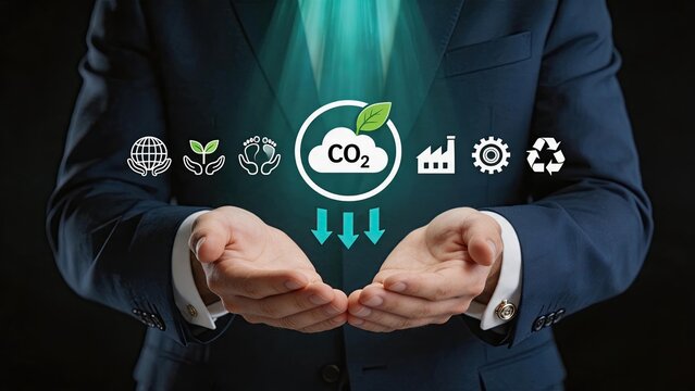 Businessman hands holding carbon dioxide reduction icon with eco-friendly industry symbols, sustainability, green energy, environmental protection and climate change mitigation
