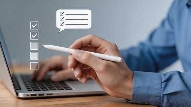 Business checklist concept with checkmarks on laptop screen, person holding stylus pen completing tasks for project management and productivity planning.