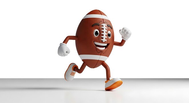 Fun anthropomorphic football mascot in motion on clean white surface