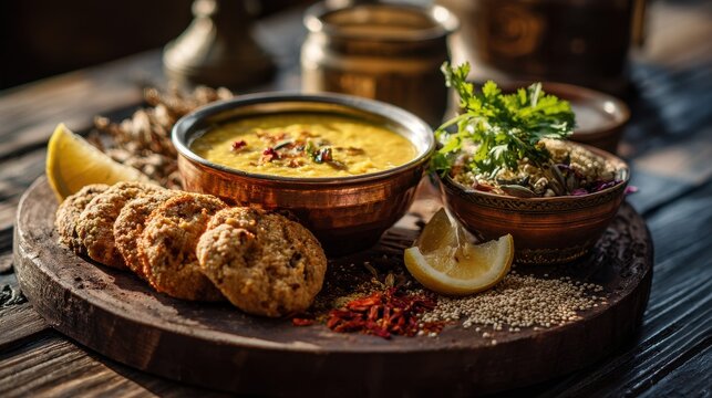 Rustic Dal Baati Churma served on a wooden board with traditional bowls and fresh herbs