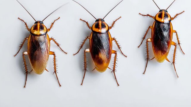 Top view of three brown cockroaches aligned on clean white background
